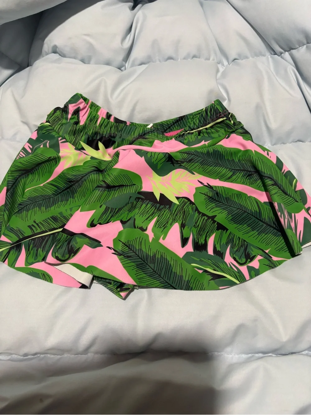 Kids Pink Tropical Swim Skort with Green Leaf Print